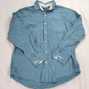 IZOD Men’s Casual Green & Blue Check Plaid Long Sleeve Button Down Shirt - Med